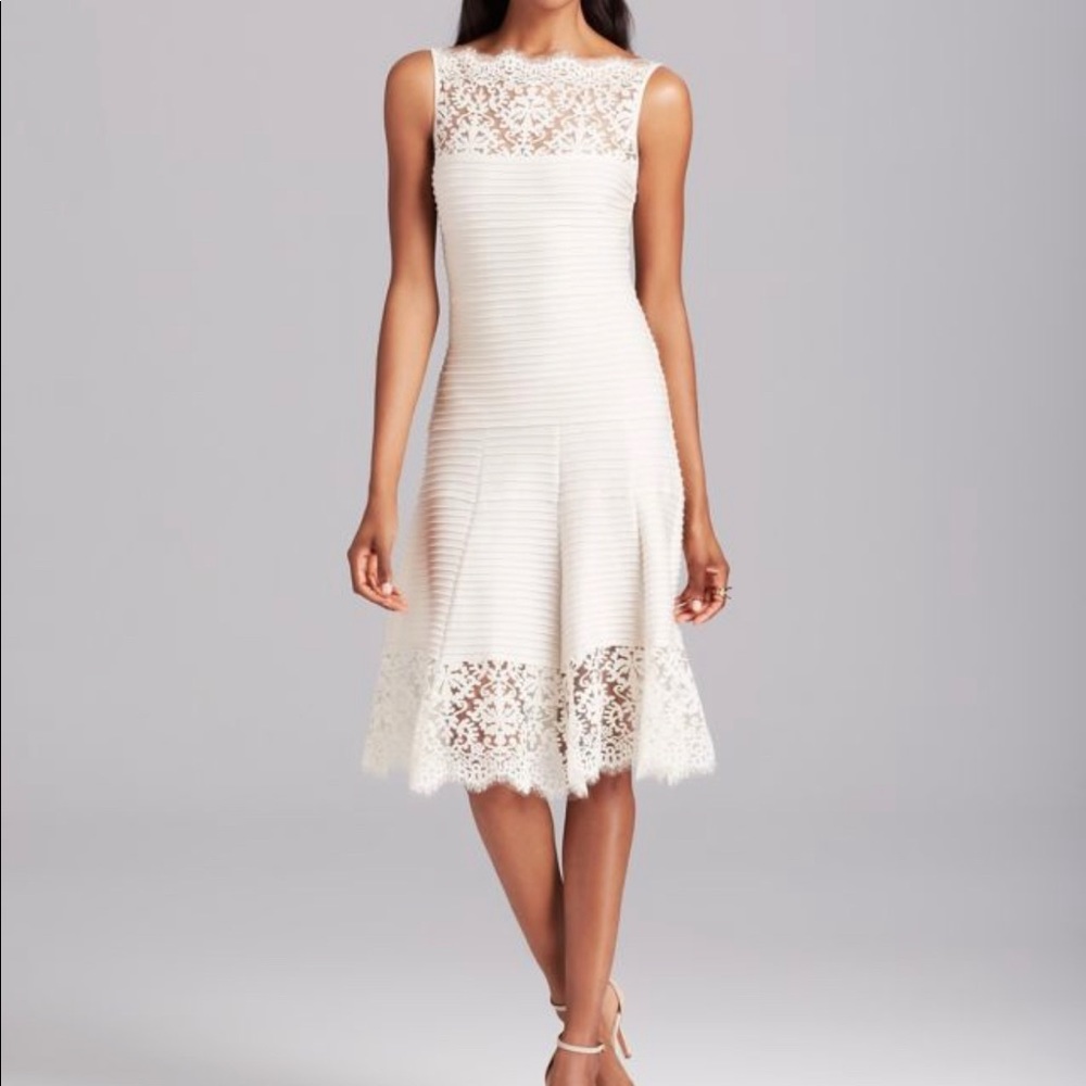 NWOT: Tadashi Shoji Pin tuck Cream Colored Midi Dress Petite Medium
